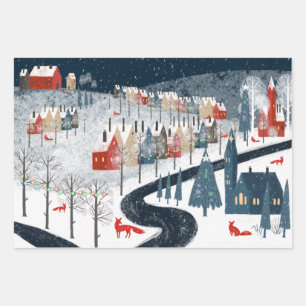 Rustic Nordic Snowy Mountain Village Fox Trotting Inpakpapier Vel