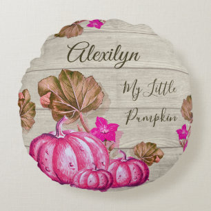 Rustic Nursery Grey Wood Autumn Pink Pumpkins Rond Kussen