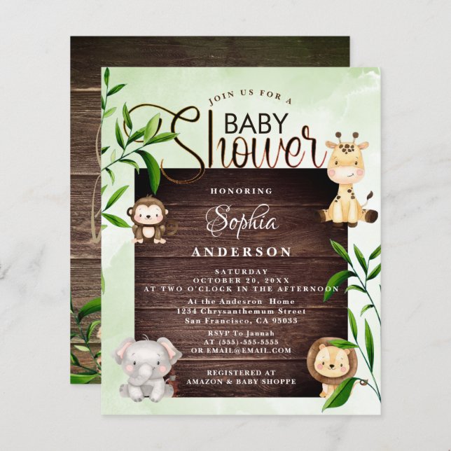 Rustic Oerwoud Safari Animals Greenery baby shower (Voorkant / Achterkant)