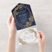 Rustic Olive Branch Gold Lijst Navy Blue Wedding All In One Uitnodiging (Afscheurbaar)