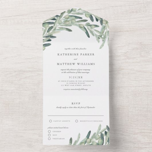 Rustic Olive Branch Waterverf Wedding All In One Uitnodiging (Binnen)