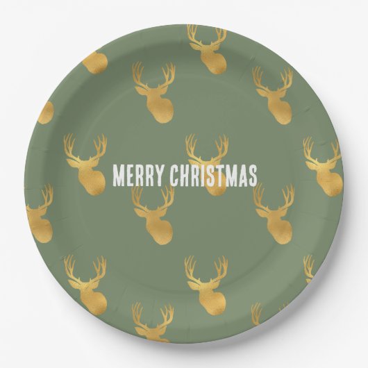 Rustic Olive Green Gold Deer Christmas Papieren Bordje (Voorkant)