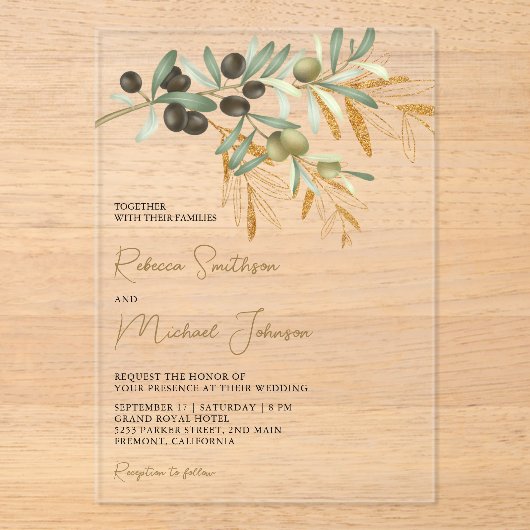 Rustic Olive Leaves Wedding Acryl Uitnodigingen (Voorkant)