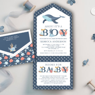 Rustic onder het Zee Nautisch Baby shower walvis All In One Uitnodiging
