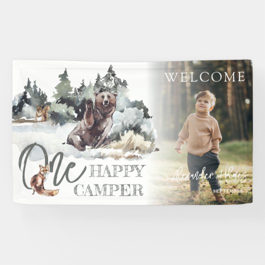 Rustic One Happy Camper Photo Birthday Decor Spandoek (Horizontaal)