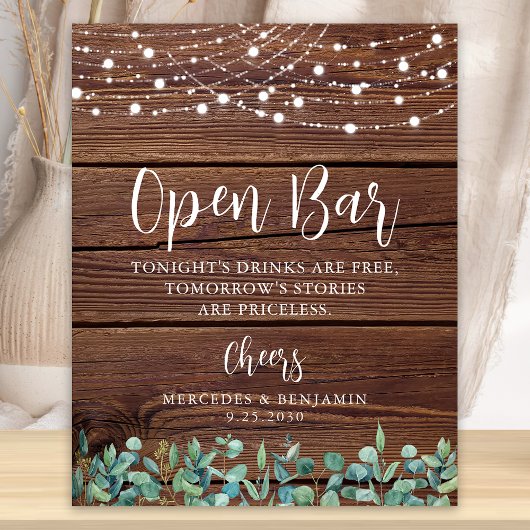 Rustic Open Bar Greenery String Lights Wedding Poster