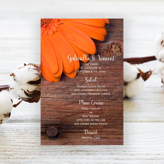 Rustic Orange Daisy Country Barne Menu Mariage