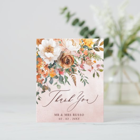 Rustic Orange Floral Fall Wedding Thank You Card (Staand voorkant)