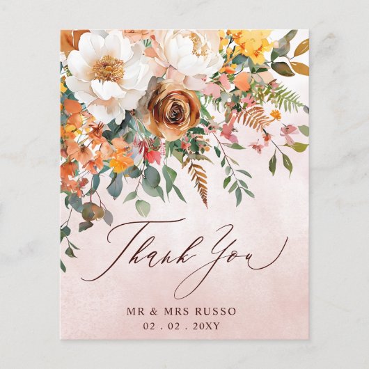 Rustic Orange Floral Fall Wedding Thank You Card (Voorkant)