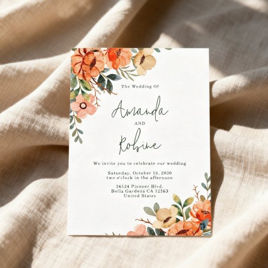 Rustic Orange Floral Wedding Kaart
