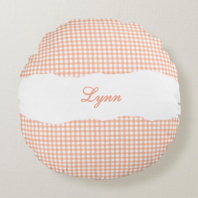 Rustic Orange Gingham Personalized Name Rond Kussen (Voorkant)