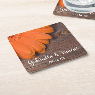Rustic Oranje Daisy Barn Wood Country Weddenschap Vierkante Kartonnen Onderzetter