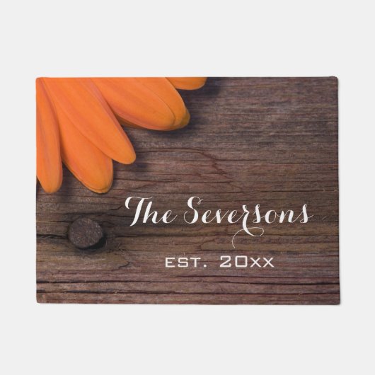 Rustic Oranje Daisy en Barn Wood Deurmat (Voorkant)