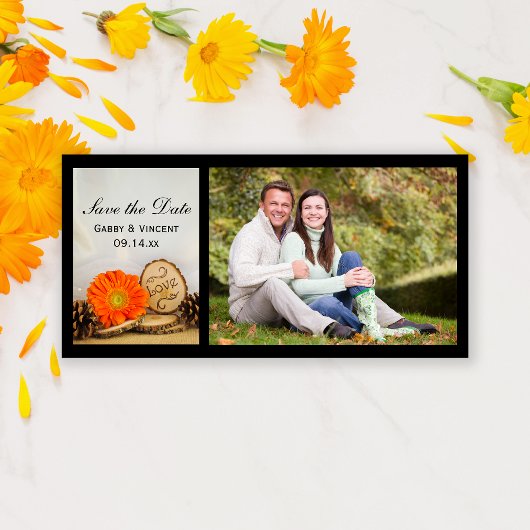 Rustic Oranje Daisy Woodland Wedding Save the Date
