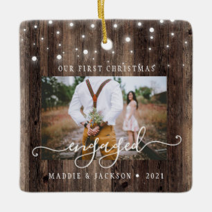 Rustic Our First Christmas Engaged 2 Foto Keramisch Ornament