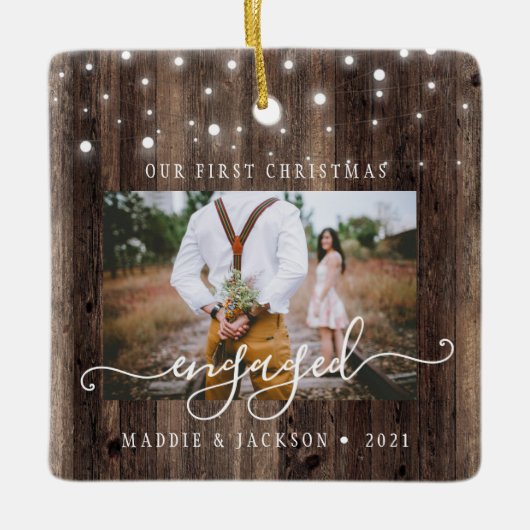 Rustic Our First Christmas Engaged 2 Foto Keramisch Ornament (Voorkant)