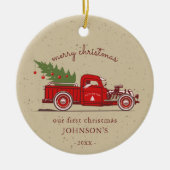 Rustic Our First Kerstred Truck Name Photo Keramisch Ornament (Voorkant)