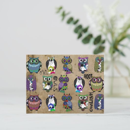 Rustic Owls Folk Art Briefkaart (Staand voorkant)