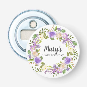 Rustic Paars Floral 100th Birthday Favor Button Flesopener