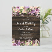 Rustic Paars Floral String Lights Sweet 16 Kaart (Staand voorkant)