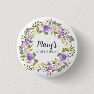 Rustic Paarse Floral 90th Birthday Ronde Button 3,2 Cm