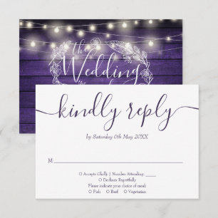 Rustic Paarse Houten Slingerende Lichtjes Bloemend RSVP Kaartje