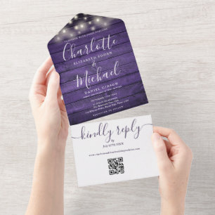 Rustic Paarse Houten Slingerende Lichtjes QR Code All In One Uitnodiging