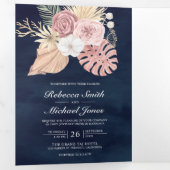 Rustic Palm Dusty Roses Navy QR Code Weddenschap Drieluik Uitnodiging (Binnenzijde eerst)
