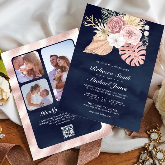Rustic Palm Dusty Roses Navy QR Code Weddenschap Kaart