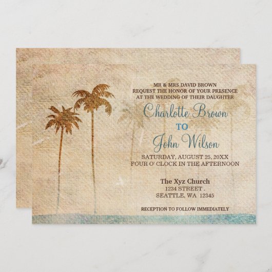 Rustic Palm Trees Beach Wedding Invitations Kaart (Voorkant / Achterkant)