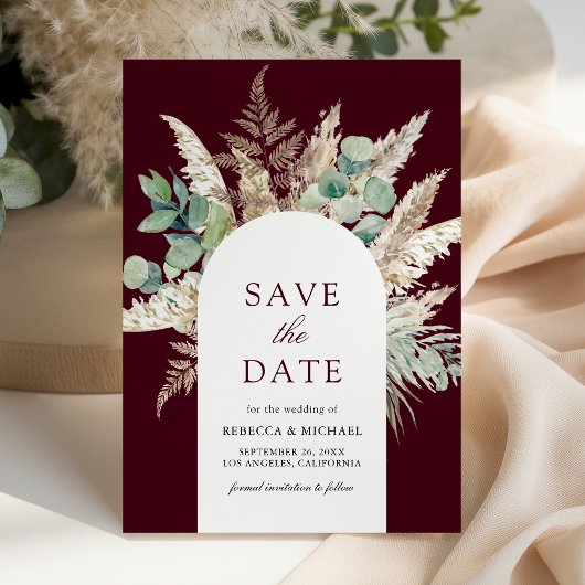 Rustic Pampas Eucalyptus Arch Burgundy Wedding Save The Date