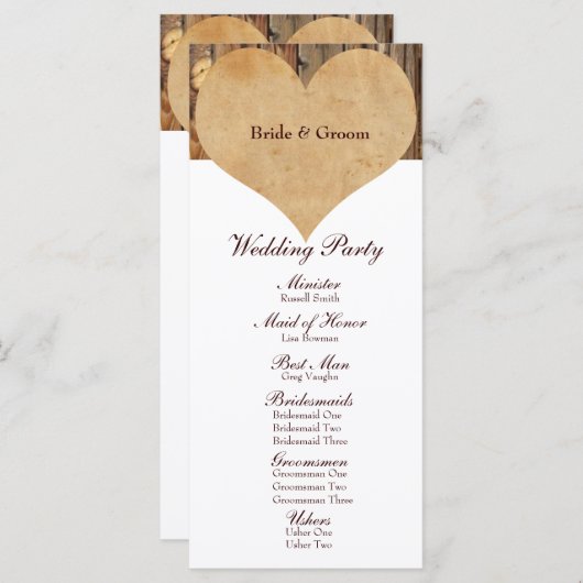 Rustic Parchment Heart Wood Wedding Programme (Devant / Derrière)