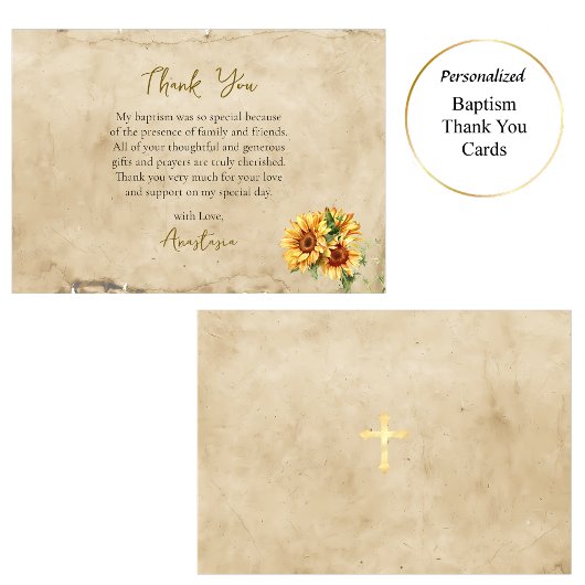 Rustic Parchment Sunflowers Orthodox Baptism       Bedankkaart