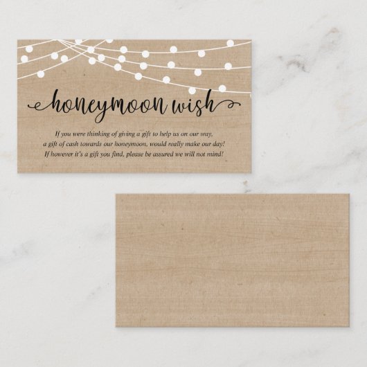 Rustic Party String Lights, Wedding Honeymoon Wish Informatiekaartje (Voorkant / Achterkant)