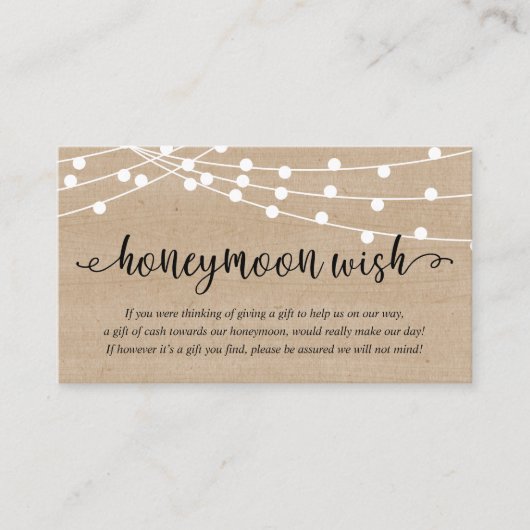 Rustic Party String Lights, Wedding Honeymoon Wish Informatiekaartje (Voorkant)