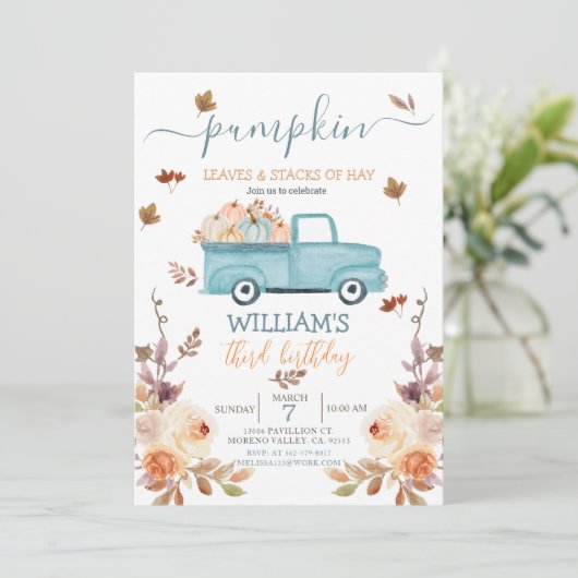 Rustic Paste blue truck anniversaire Invitation (Debout devant)