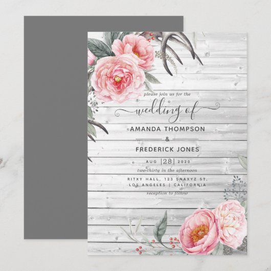 Rustic Pastel Pink en Grey Boho Floral Wedding Kaart (Voorkant / Achterkant)