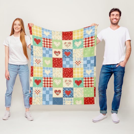 Rustic Patchwork Harten Picknick Patroon (1) Fleece Deken (In situ)