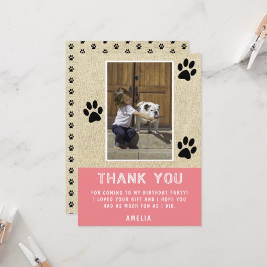 Rustic Paw Prints Roze Verjaardag Foto Dank u Kaart (Voorkant / Achterkant in situ)