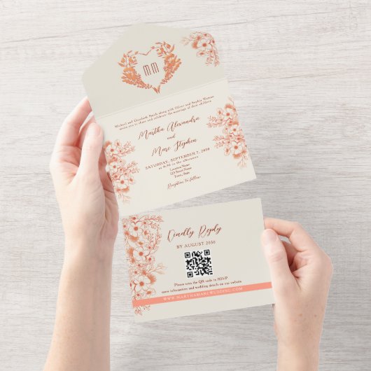 Rustic Peach Bloemen Hart Monogram Huwelijk All In One Uitnodiging (Afscheurbaar)