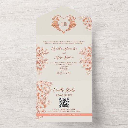 Rustic Peach Bloemen Hart Monogram Huwelijk All In One Uitnodiging (Binnen)