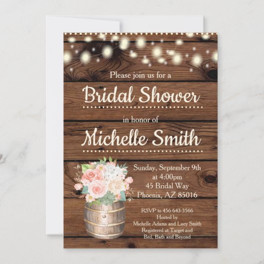 Rustic Peach Boho Barrel Bruids Douche Uitnodiging (Voorkant)