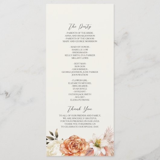 Rustic Peach Boho Floral Wedding Programma (Achterkant)