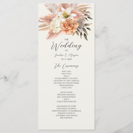 Rustic Peach Boho Floral Wedding Programma (Voorkant)