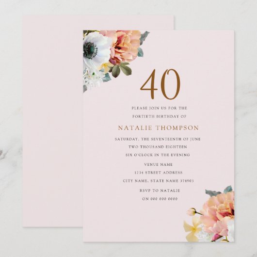  Rustic Peach Floral 40th Birthday Invite Kaart (Voorkant / Achterkant)
