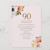 Rustic Peach Floral 90th Birthday Invite Kaart (Voorkant / Achterkant)