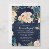 Rustic Peach Floral Pumpkin Navy Blue Wedding Kaart (Voorkant)