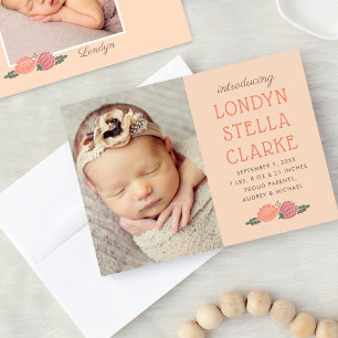 Rustic Peach Herfst Floral Baby Girl Foto geboorte Aankondiging
