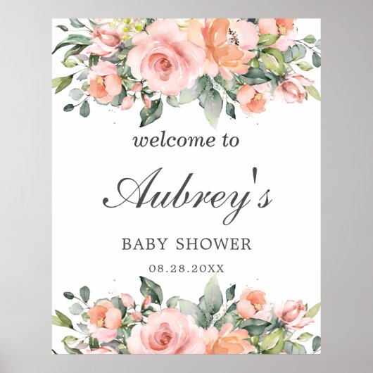 Rustic Peach roze Floral Leafy Baby shower Welkom Poster (Voorkant)
