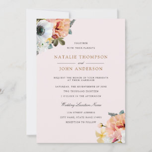 Rustic Peach White Floral Wedding Invite Kaart
